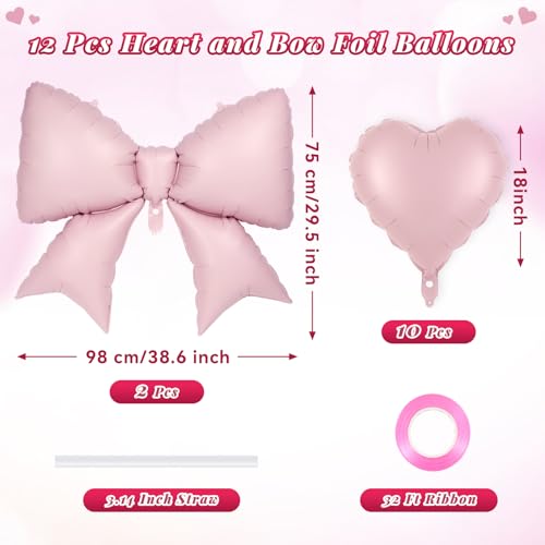 Image of 12 Pcs 18 Inch Heart Balloons and 38 Inch Bow Balloons, Large Foil Bow Heart Balloon Bow Party Decorations for Birthday Baby Shower Valentines Wedding Party