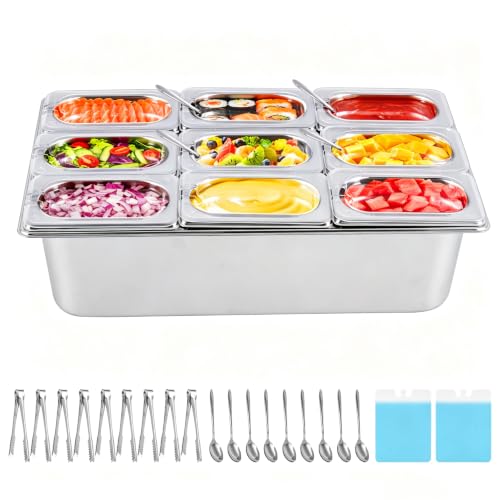 YMJOINMX Ice Cooled Condiment Serving Container 9Pans×1Qt with Ice Packs for Salad Bar Sauce Pizza Cold Serving Tray Food Cooler for Parties Buffet