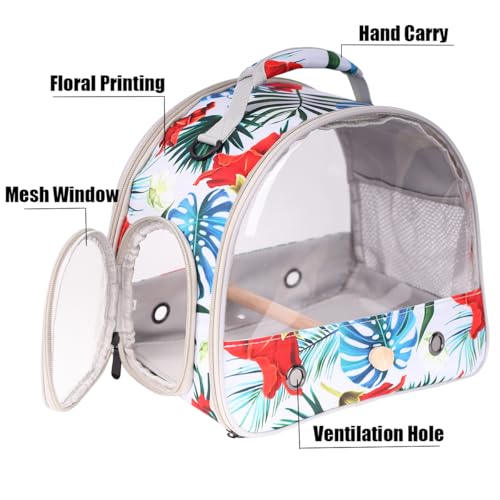 Portable Small Bird Travel Carrier Cage with Stand Perch, Bird Carrier to Carry Parakeet Budgies Parrot Cockatiel Conure Outdoor, Front Clear Window with Floral Printing - Image 3