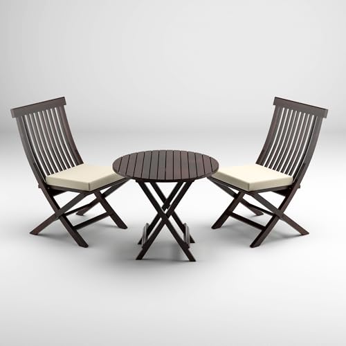 Image of Sheesham Wooden Portable Foldable 2 Seater Chair with Table Set Outdoor Balcony Garden Coffee Table Set Furniture with 1 Table and 2 Chairs Set (Walnut with White Cushion)