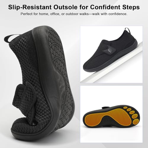 JOINFREE Diabetic Wide Walking Shoes for Women & Men with Adjustable Upper, Zero Drop Non Slip Casual Sneakers Comfortable for Swollen Feet, Edema, Arthritis & Elderly Black Size Women 10.5/Men 9