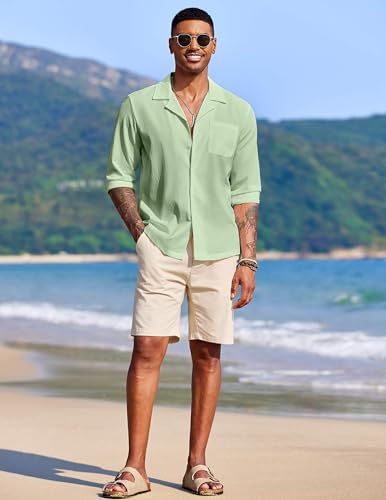 Image of DEELMO Mens Casual Button Down Shirt Summer Beach Shirts Long Sleeve Cuban Collared Tropical Textured Shirts
