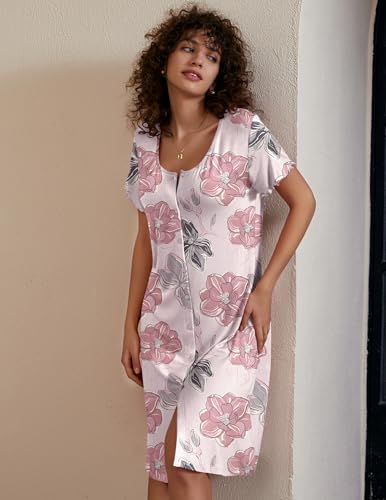 Image of Ekouaer Women's Nightshirt Short Sleeve Button Down Nightgown V-Neck Sleepwear Pajama Dress