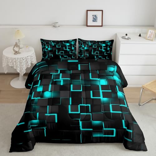 Feelyou Light Blue and Black Bedding Set King Size Light Geometric Comforter Set for Kids Boys Girls Decor Comforter Modern Style Duvet Set