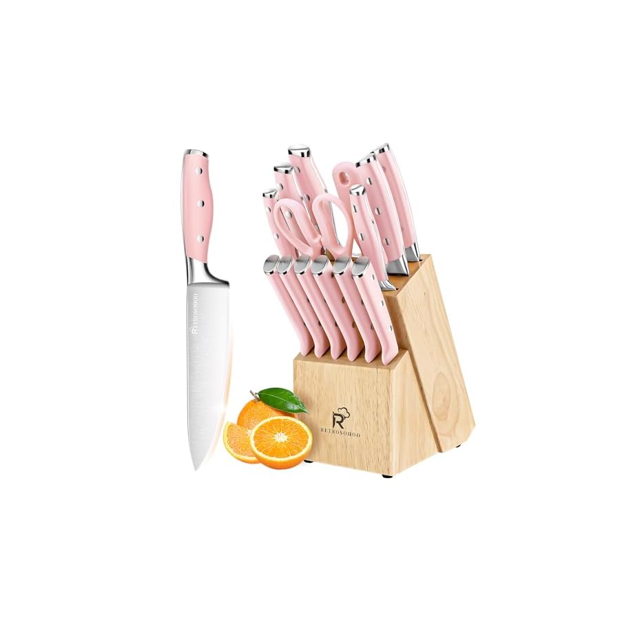Kitchen-Knife-Set15-Pieces-High-Carbon-Stainless-Steel-Knife-Block-Set-with-Wood-BlockCutlery-Block-Knife-Set-Forged-Triple-RivetRazor-Sharp-Blade-Ergonomic-HandleDishwasher-Safe-Pink Kitchen Knife Set,15-Pieces High Carbon Stainless Steel Knife Block Set with Wood Block,Cutlery Block Knife Set, Forged Triple Rivet,Razor-Sharp Blade Ergonomic Handle,Dishwasher Safe (Pink)