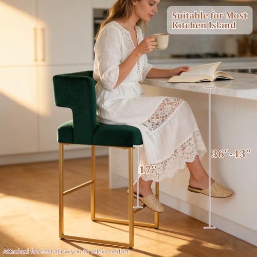 Image of Counter Height Bar Stools Set of 2, Green Velvet Bar Chair Gold Leg | 26 inch Seat Height Fits Standard Kitchen Islands, Upholstered Barstools, Back Support, Square Metal Legs, Footrest