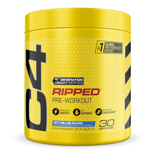 C4 Ripped Pre Workout Powder for Energy, Beta Alanine, Zero Sugar Energy Supplement Preworkout for Men & Women - 150mg Caffeine + Creatine-Free - Icy Blue Razz - 30 Servings