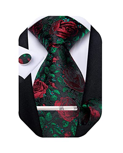 Image of DiBanGu Paisley Ties for Men Silk Necktie and Pocket Square Cufflinks Tie Clip Set Woven Classic Mens Tie for Wedding Party