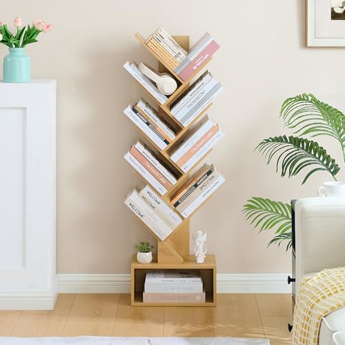Image of Hoctieon 9 Tier Tree Bookshelf, Tall Bookcase with Drawer, Wood Book Shelf, Modern Floor Standing Bookshelves, Book Organizer Shelves for Bedroom, Living Room, Home Office, Yellow