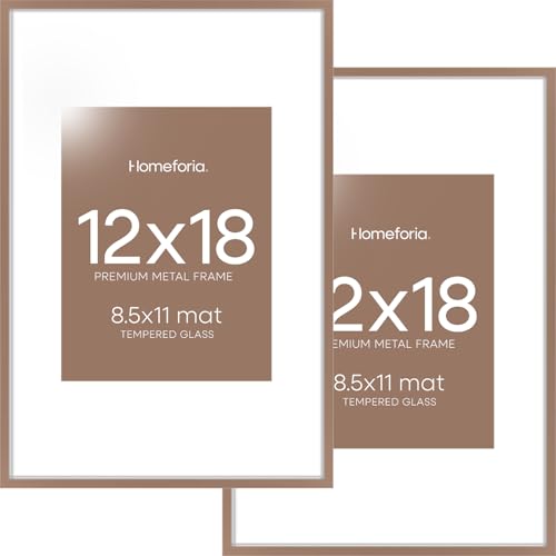 Image of Homeforia 12x18 Picture Frame Mocha, High End Metal 12x18 Poster Frames with Mat 8.5x11 Photo, 12 x 18 Mocha Frames Matted to 8.5 by 11 inch Print, 18x12 Thin Frame, Tempered Glass, Wall Kit, Set of 1