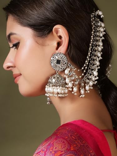 Image of Shining Diva Fashion Earrings for Women Girls Stylish Fancy Traditional Jhumka Jhumki Bahubali Kundan Pearl Ear Chain