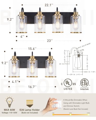 Image of Beionxii 3-Light Bathroom Light Fixtures, Blac and Gold Vanity Lights with Clear Glass Shades, Vanity Lights Over Mirror, Wall Sconces for Kitchen Living Room Hallway Cabinet Porch, BX-VL01BKG-3CG