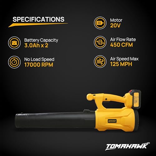 Image of TOMAHAWK TLB-40 20V Cordless Leaf Blower - Dual 3.0Ah Batteries, 6-Level Variable Speed, 125 MPH Air Speed, 450 CFM Air Volume | Lightweight Garden & Home Cleaning Blower with 2 Nozzles & Carry Bag