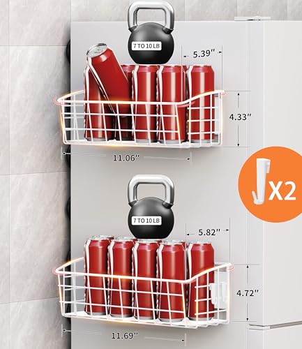 Image of 2Pack Magnetic Shelf for Refrigerator with Removable Hooks(White) | Strong Magnetic Spice Rack for Kitchen Storage, Fruit Potato Onion Storage Shelves, Large Magnetic Basket Organizer