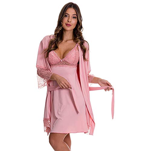 Camisola Amamentação com Robe de Manga 7/8 em Microfibra e Renda - DR202-301