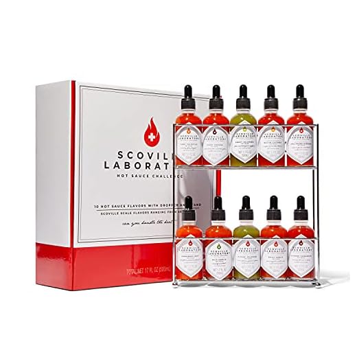 Thoughtfully Gourmet, Scoville Laboratory Hot Sauce Challenge Set, Includes Display Rack and Hot Sauces with Scoville Scale Flavors Ranging from 430-11,300, Set of 10