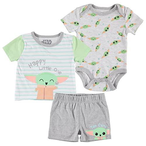 Image of STAR WARS Baby Boys Baby Yoda Bodysuit T-Shirt and Short Pants 3 Piece Gift Set