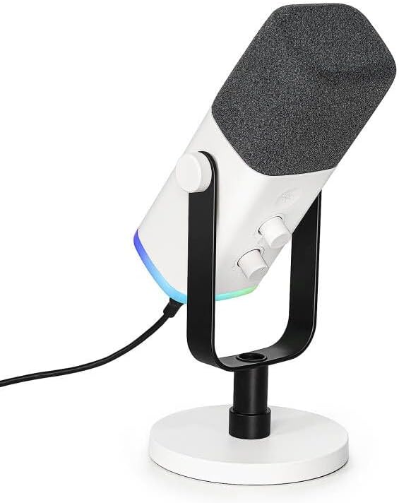 FIFINE PC Gaming Microphone, XLR/USB Microphone for Podcast Recording, Dynamic Mic with RGB, Mic Mute, Monitoring Headphones Jack for Computer/PS4/PS5, for Voice-over Vocal Video-AmpliGame AM8 White