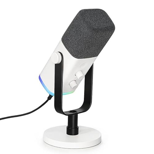 FIFINE PC Gaming Microphone, XLR/USB Microphone for Podcast Recording, Dynamic Mic with RGB, Mic Mute, Monitoring Headphones Jack for Computer/PS4/PS5, for Voice-over Vocal Video-AmpliGame AM8 White - White