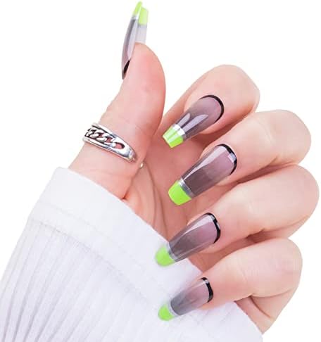 Press on Nails Coffin Medium Gray Clear Green French Tip Soft Gel Fake Nails for Women Fit Natural, Stick on Nails Acrylic Reusable, 24pcs False Nails with Design Glue Art Kit