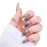 Press on Nails Coffin Medium Gray Clear Green French Tip Soft Gel Fake Nails for Women Fit Natural,
