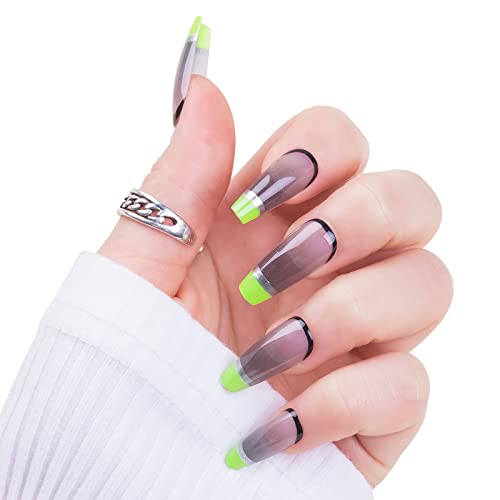 Press On Nails Coffin Medium Gray Clear Green French Tip Soft Gel Fake Nails For Women Fit Natural, Stick On Nails Acrylic Reusable, 24Pcs False Nails With Design Glue Art Kit #TOP2