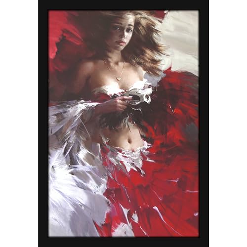 Image of Mad Masters Pretty Girl Painting in Red and White Beautiful Woman Painting Photo Frame for Living Room, Bedroom, Home Decor and Wall Decoration (MM 1865, 45.7L x 30.5W cm, Canvas, With Plexi Glass)