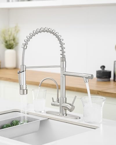 Image of AIMADI 3 in 1 Kitchen Faucet with Water Filler,Brushed Nickel | Single Handle Kitchen Sink Faucet with Pull Down Sprayer Separate Drinking Water Faucet 1 or 3 Hole