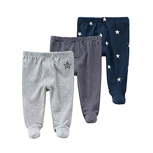 Image of Teach Leanbh Newborn Baby 3 Pack Footed Pants Cotton Embroidery Pringting Casual Leggings 0-12 Months
