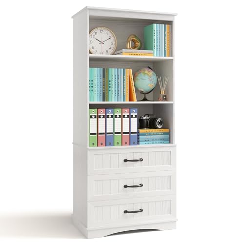 Gizoon 70 Tall Bookcase with 3 Drawers Wooden Bookshelf with Storage Cabinet Multifunctional Book Storage Organizer for Office Living Room and BedroomWhite