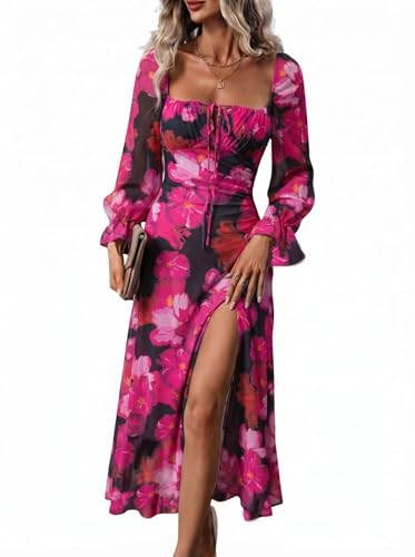 Image of BLENCOT Womens Casual Square Neck Long Sleeve Boho Floral Midi Dress Print Side Split Dresses