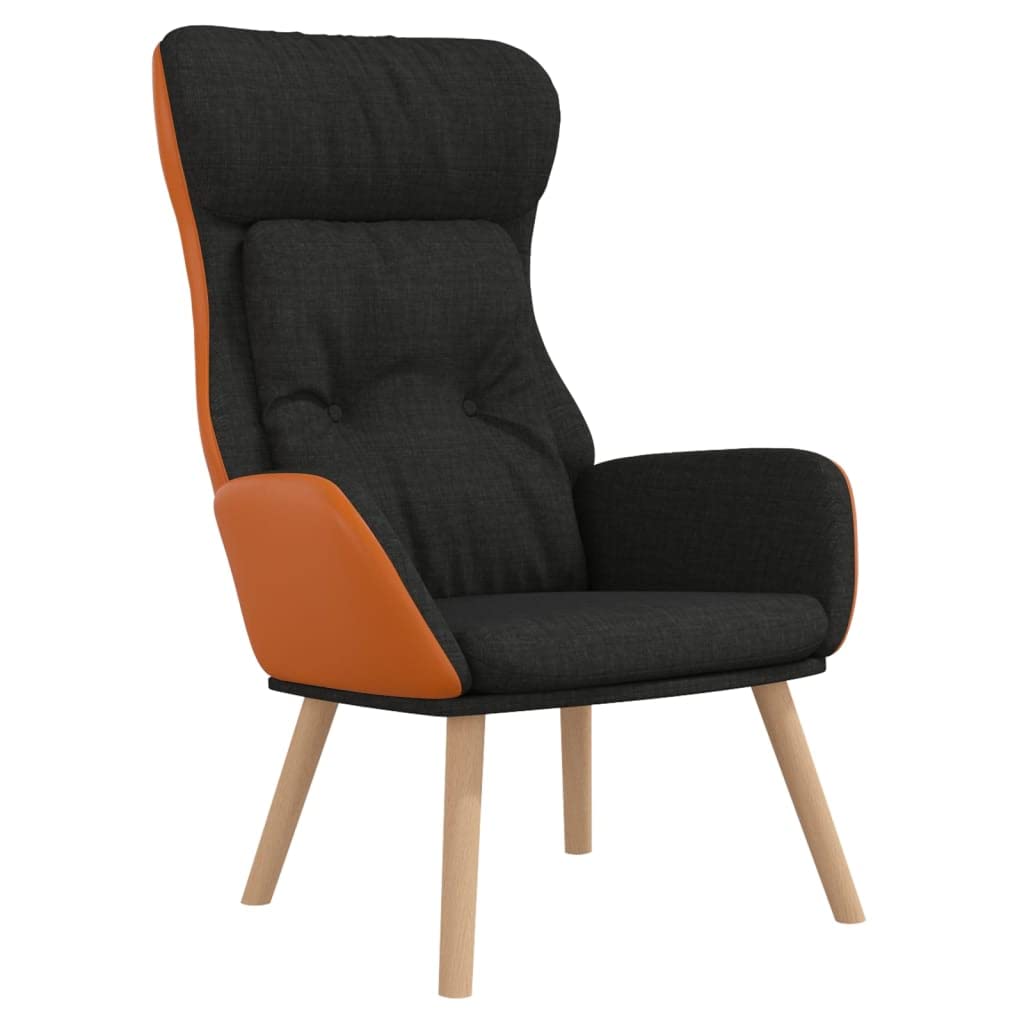 Poltrona relax nera con tessuto e rivestimento in PVC, spessa imbottita, telaio in metallo e gambe in legno massiccio di caucciù, sedia da soggiorno stabile con braccioli per un riposo