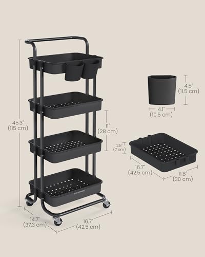 SONGMICS 4-Tier Storage Trolley, Rolling Trolley with Handle, 2 Small Organisers, Steel Frame, Plastic Baskets, Utility Cart, Easy Assembly, for Bathroom Laundry Room, Black BSC077BZ01 - Image 7
