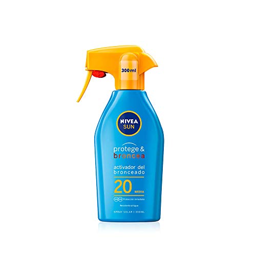 NIVEA SUN Protege & Broncea Spray Solar FP20 (1 x 300 ml), activador del bronceado, protección solar media, protector solar hidratante y resistente al agua, pistola