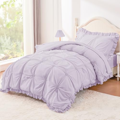 Image of Twin Comforter Set for Girls, Boho Pintuck Bedding Comforter Sets, 4 Pieces Ruffles Jacquard Embroidery Twin Bedding Sets with Comforter, Fitted Sheet, Flat Sheet and Pillowcase, Purple