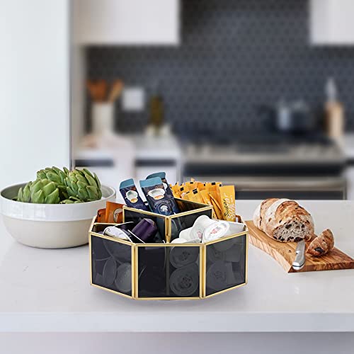 Elldoo 360 Degree Rotating Octagon Makeup Organizer, Gold Metal Black Clear Glass Cosmetic Storage With 5 Slots, Brushes Nail Polish Skincare Perfume Lipstick Holder For Desktop Dresser Office #TOP7