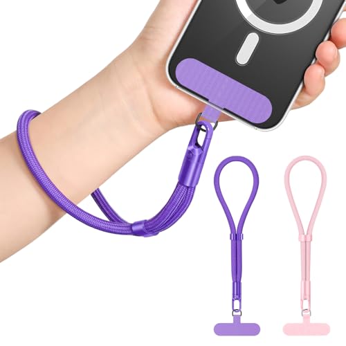 MoKo Set da 2 cinturini da polso, cordino regolabile per telefono con linguetta di fissaggio, cinturino da polso per cellulare a mani libere iPhone e maggior parte degli smartphone, Oro Rosa & Viola