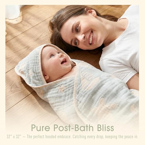 Image of Ultra-Soft Muslin Baby Hooded Towel - 32 x 32 Inches, Ideal for Bath & Beach, Suitable for Both Boys & Girls from Newborns to Toddlers