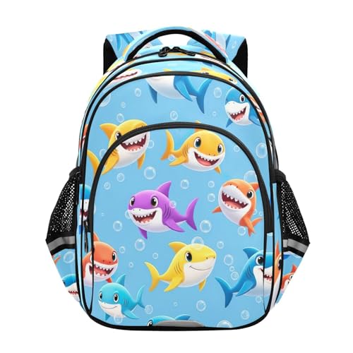 15 Inch Backpack for School Boys Girls, Elementary Kids Backpack, Colorful Cartoon Sharks Blue