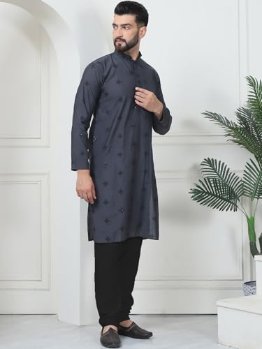 Image of SOJANYA (Since 1958 Men's Cotton Silk Sequinned Neck Embroidered Kurta with Black Pyjama