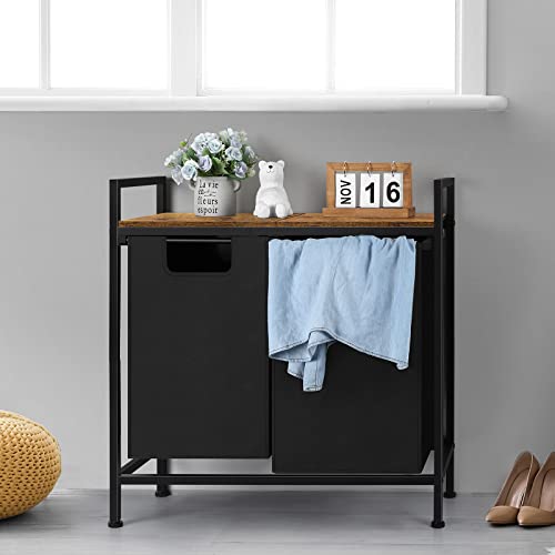 Laundry Hamper 2 Section Laundry Basket With Top Shelf And Removable Bags Double Laundry Sorter Organizer For Laundry Room Bedroom Bathroom, Brown&Black #TOP1