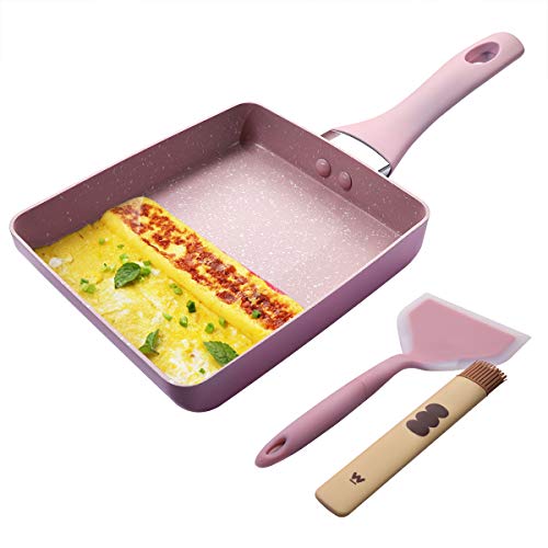Fancy Home Japanese Omelette Pan Nonstick Tamagoyaki Square Egg Pan, 7’’x 6’’ Retangle Small Frying Pan with Anti Scalding Handle, Silicone Spatula & Brush(Pink)