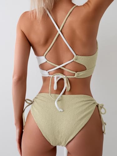 Image of B2prity Tie Bikini Top Set Sexy Push Up 2 Piece Swimsuit Color Block Bathing Suit Full Coverage Swimwear for Curvy Women