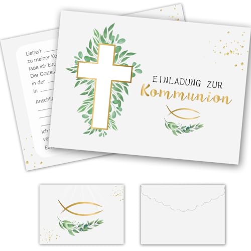 12 Einladungskarten Kommunion Eukalyptus mit Umschlägen, Einladungskarten Konfirmation für Einladungen zur Erstkommunion Jungen und Mädchen Sakrament Taufe Dekoration
