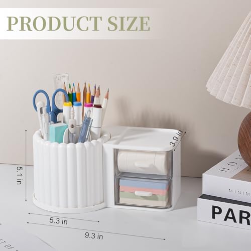 Image of Anyoifax 360 Rotating Pen Holder 7 Slots Desk Organizer with Drawer Removable Pencil Cup Plastic Art Supplies and Accessories Desktop Storage Box Caddy for Office, School, Home (White)