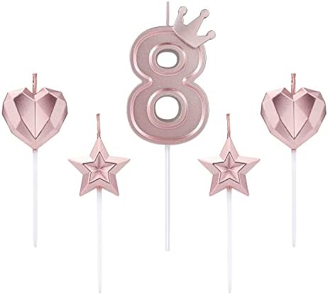 1 Set of 3inch Birthday Candles, Including 1 Crown Cake Main Numeral Candles, 2 Star Candles and 2 Heart Candles for Birthday Anniversary Parties (Rose Gold, 8)