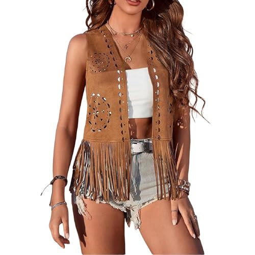 Cjfdfy Faux Suede Fringe Vest Women Western Cowgirl Vintage 70s Boho Hippie Tassel Top Summer Open Front Sleeveless Jacket (Brown M)