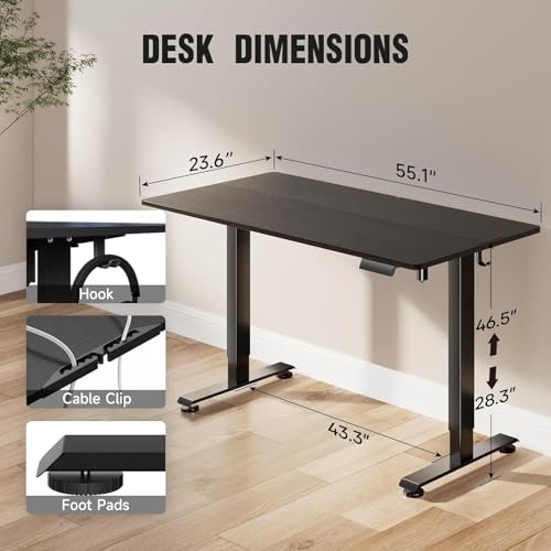 Image of Veken 55 Inch, Height Adjustable Sit Stand Up, Wood Desktop, Work Home Office Computer PC Table, Tall Standup Workstation, Gaming Writing Study Bedroom Rising Desks, Black