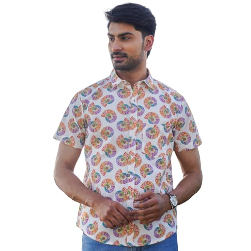 Image of Multicolor Cotton Conch Shell Print Casual Shirt for Men