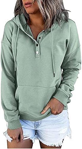 Hoodies For Women Trendy Solid Color Long Sleeve V-neck Button Pullover Loose Casual Drawstring Hooded Sweatshirts